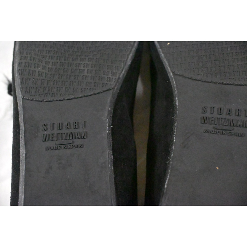 Stuart Weitzman Black Suede Fur Pom Pom Ballet Flats Elastic Scrunch Sz 8.5M Spa - Picture 8 of 9